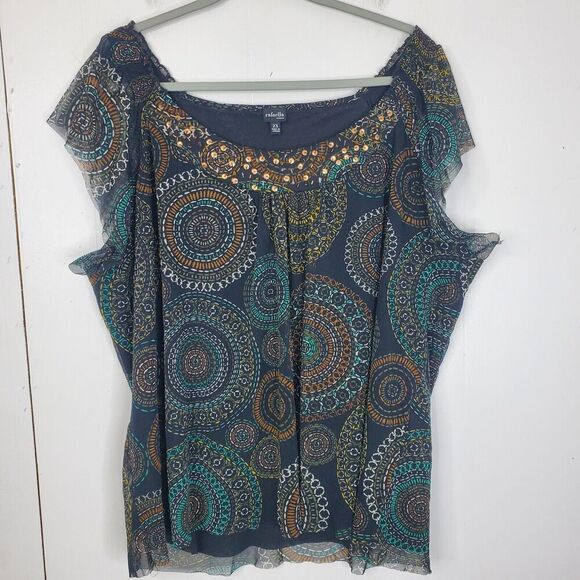 Rafaella Top Fairy Grunge Sequin Neck Dark Print Mesh Overlay Lined WOmens 2X - Picture 1 of 11